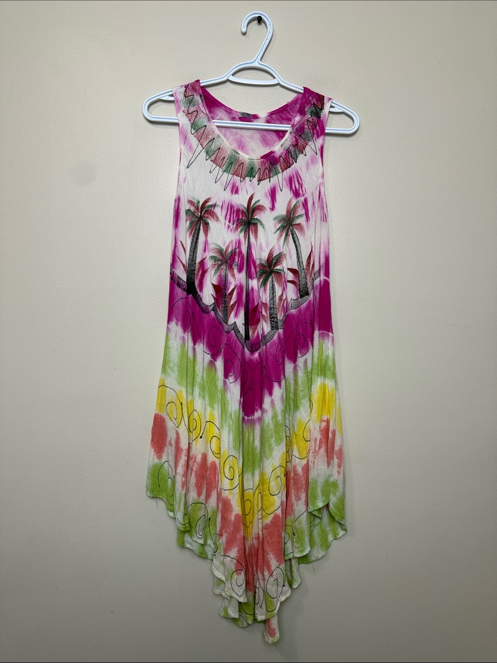 Tropical Tie-Dye Palm Tank Dress - Pink & Green one size